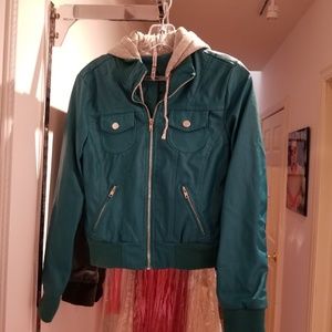 Teal moto jacket with hood